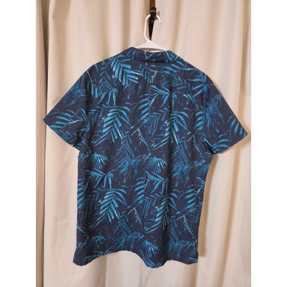 All In Motion Mens Navy Teal Tropical Palm Leaf Button Down Shirt Large